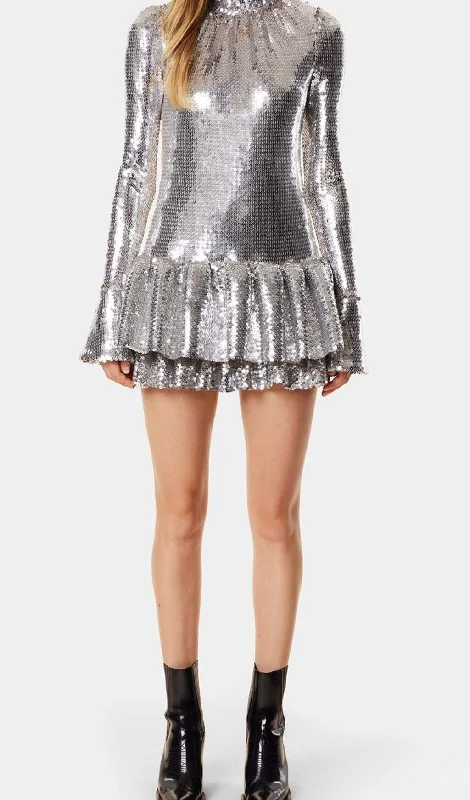 SEQUIN RUFFLE MINI DRESS IN METALLIC SILVER Tunics Satin smooth Tunics Satin smooth