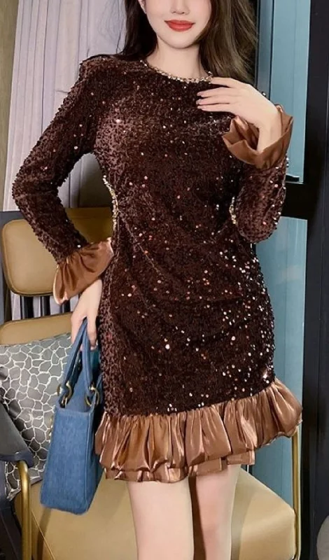 SEQUINED VELVET LONG-SLEEVED MINI DRESS Tunics Leisure comfortable Tunics Leisure comfortable