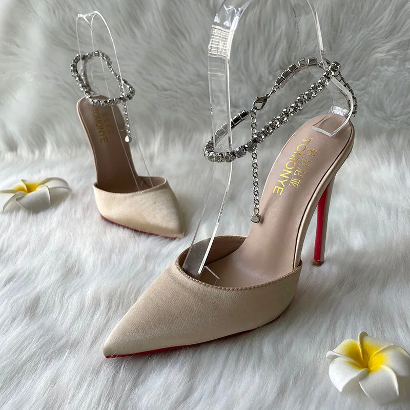 Spring and summer pointed silk satin diamond chain sandals thin high heels red soles banquet dress large and small women's shoes Tunics Exclusive limited Tunics Exclusive limited