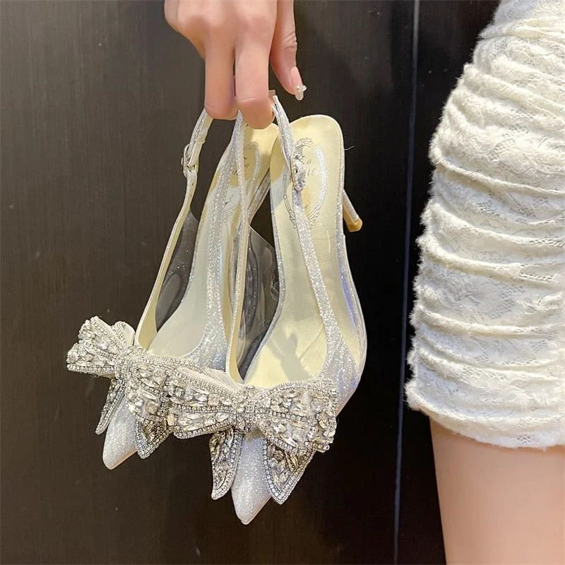 Spring and summer stiletto sexy pointed sequins rhinestone bow bride wedding shoes banquet dress large size custom womens sandal Tunics Vintage classic Tunics Vintage classic