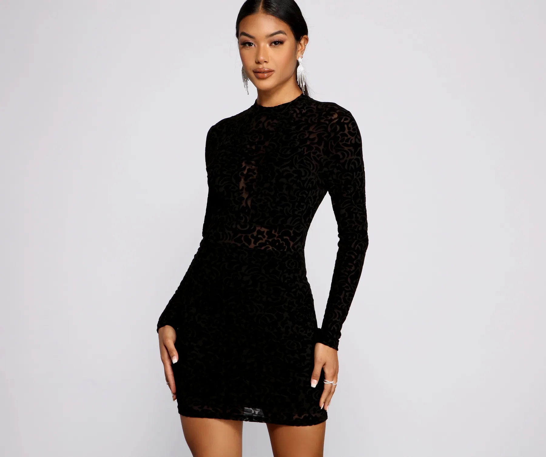 Sultry And Stylish Flocked Mesh Mini Dress Tunics Sophisticated sleek Tunics Sophisticated sleek