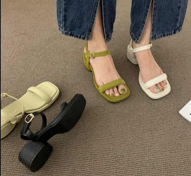 Summer Narrow Band Women Sandal Fashion Square Low Heel Ladies Elegant Dress Sandal Shoes Outdoor Casual Slides Tunics Satin smooth Tunics Satin smooth